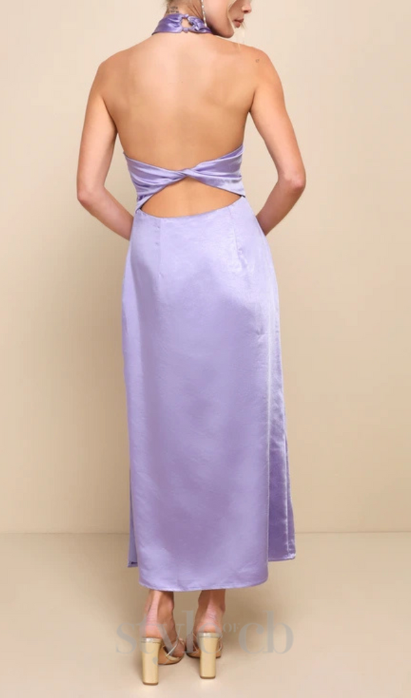 Lavender Satin Halter Slip Midi Dress