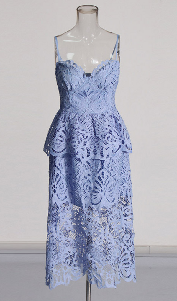 EVELYN CUT OUT LACE LAYERING MIDI DRESS IN BLUE