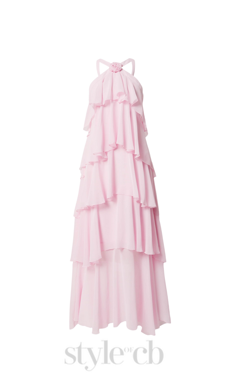 layer-embellished Neckholder maxi dress in pink