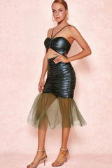 GREEN BACKPACK-BARING BUTT PLEATED DRESS