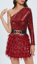ONE-SHOULDER  FEATHER SEQUINS MINI DRESS