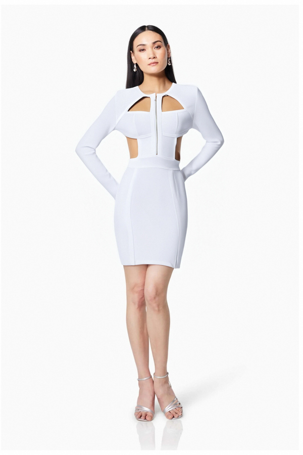 RACHEL WHITE HOLLOW BANDAGE BODYCON MINI DRESS