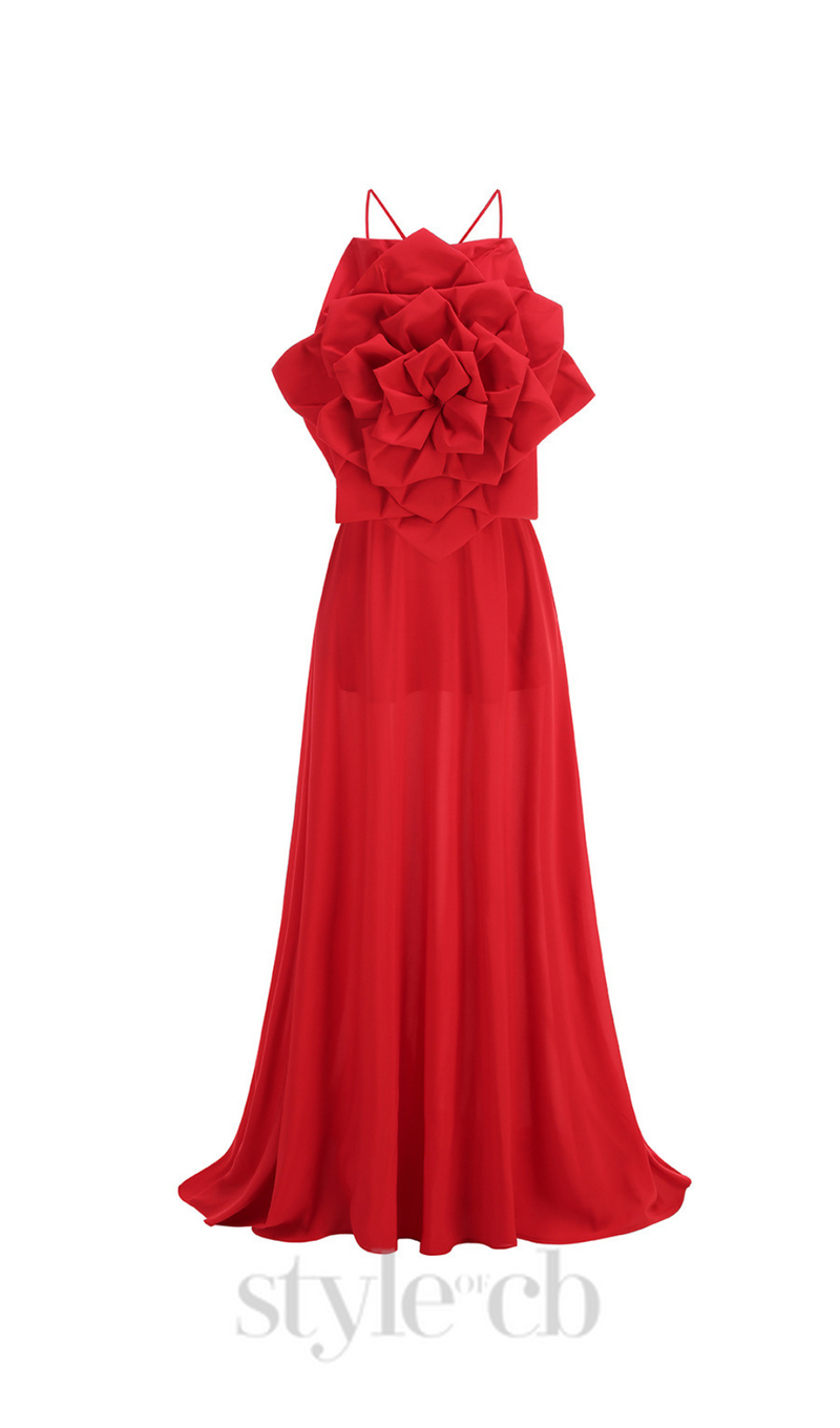 winifred 3d flower strap maxi dress in red