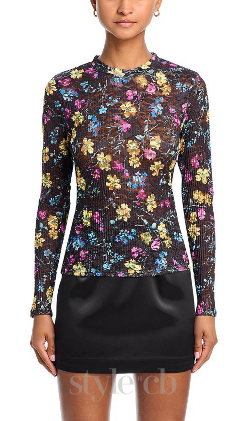 Floral Puckered Lace Top in black multi