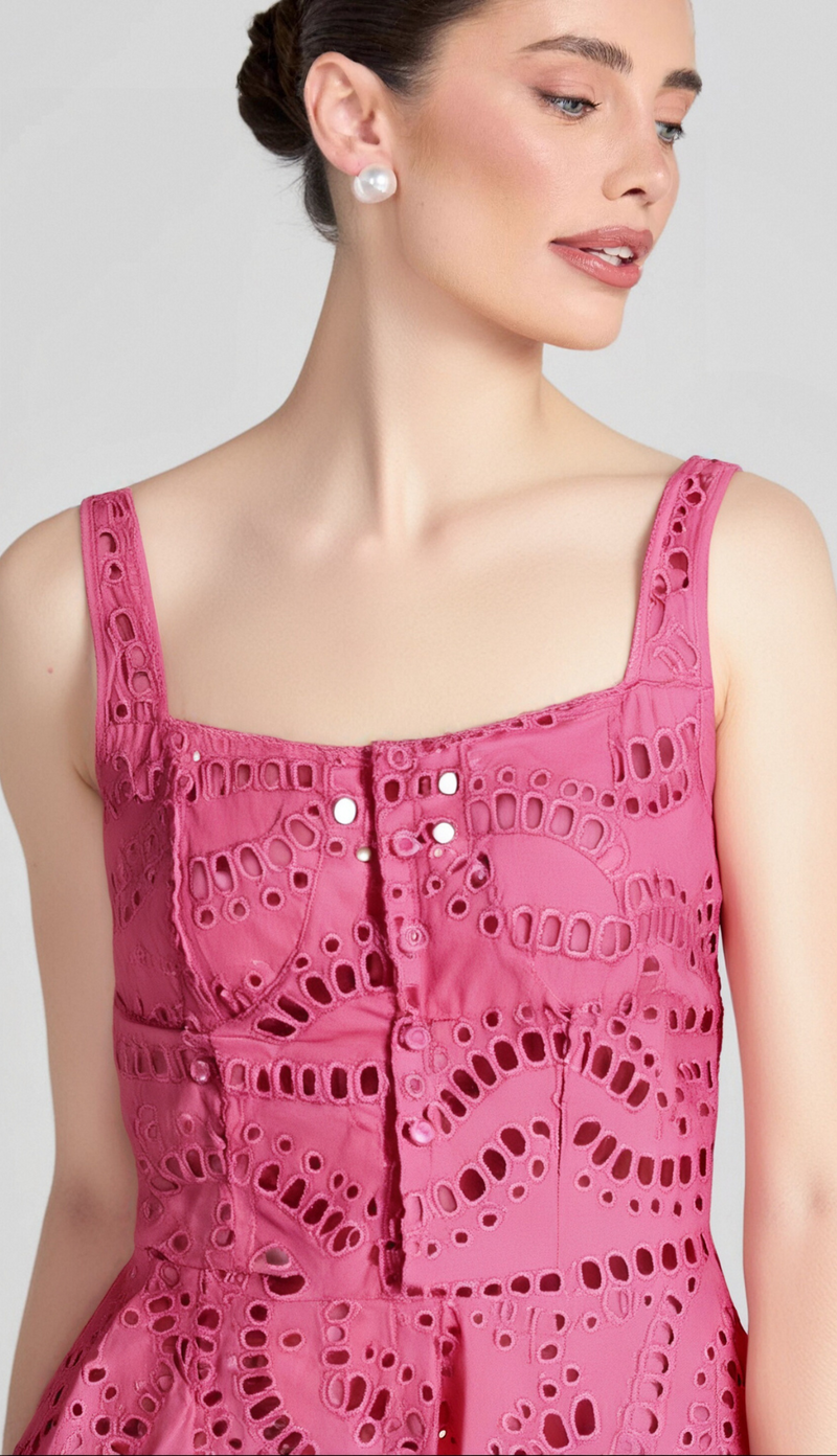 EMBROIDERED HOLLOW MINI DRESS IN HOT PINK