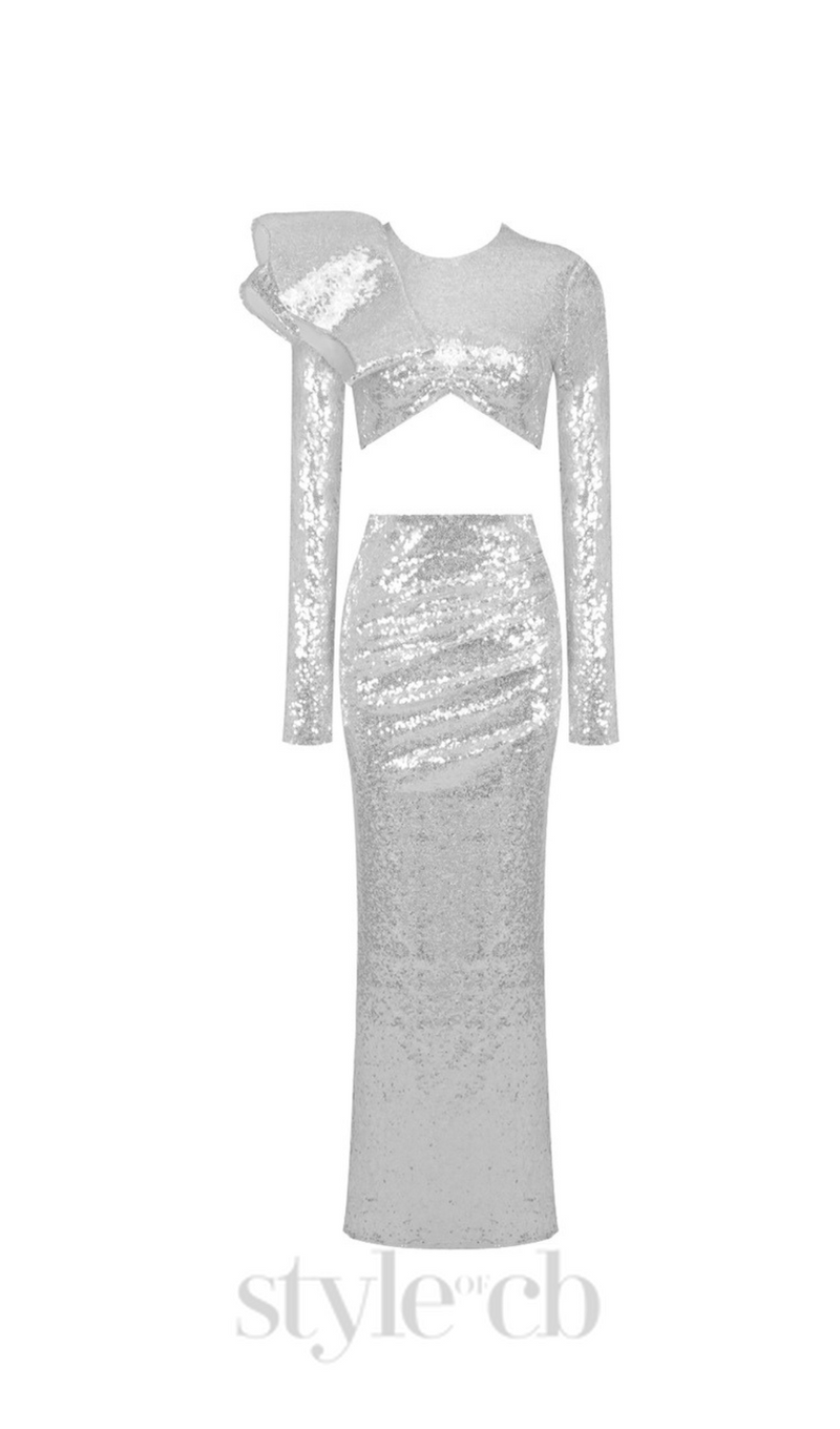 crop top drape skirt set in silver
