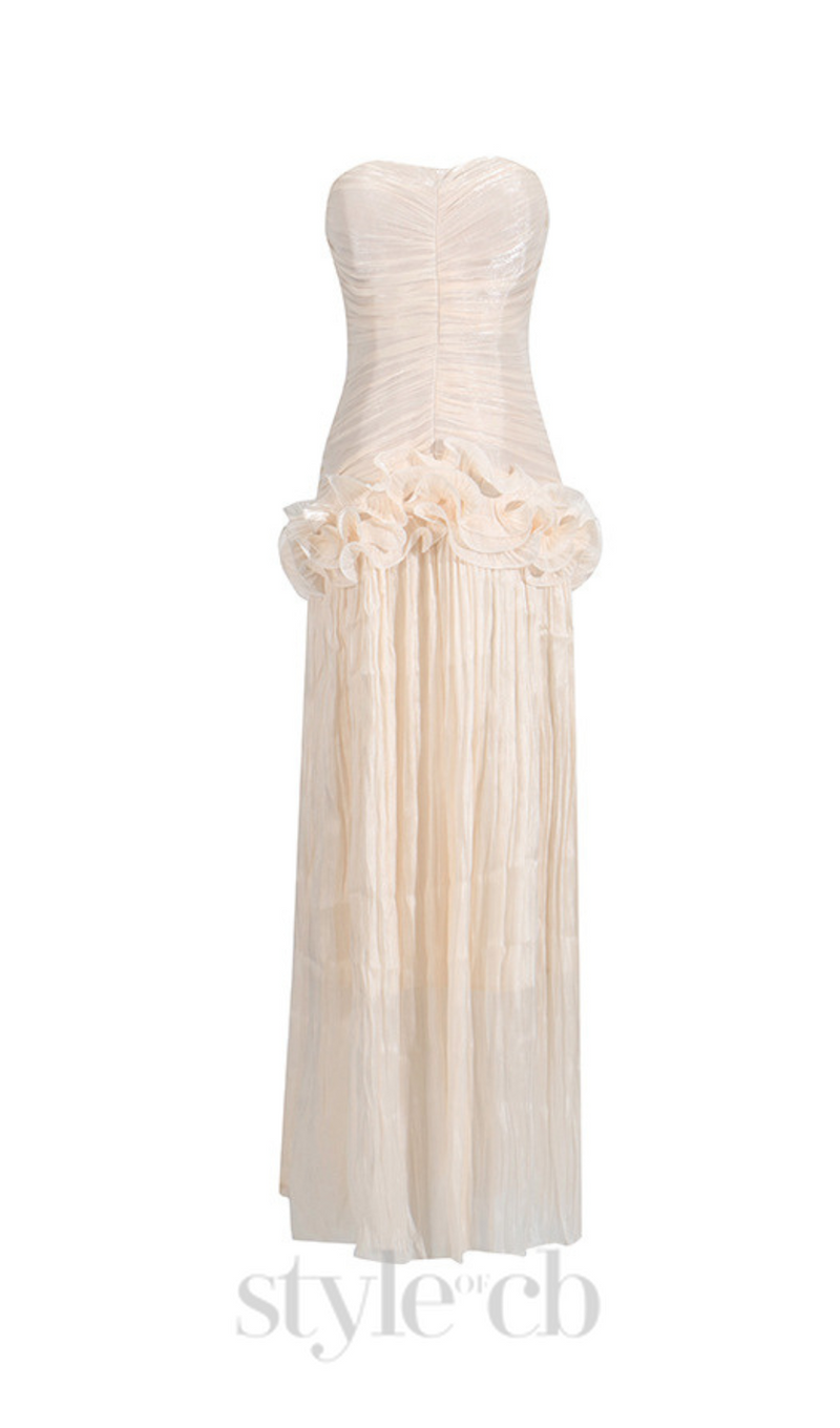ruffle-embellished pleated maxi dress in apricot