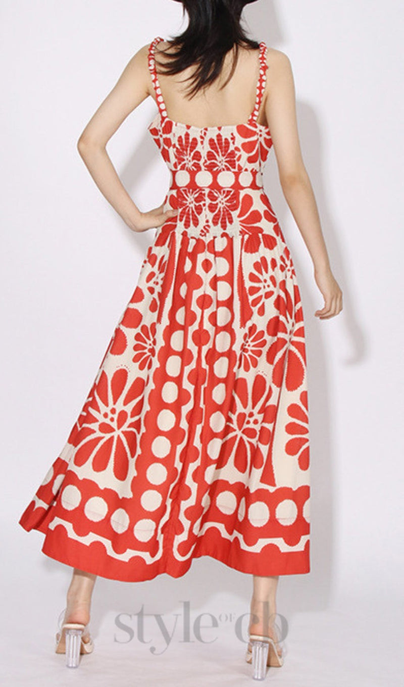STRAP PRINTED MIDI DRESS IN RED