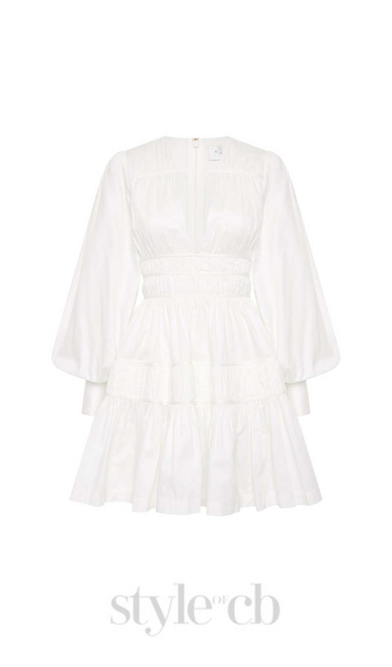 VALERIE FALLINGWATER RUCHED MINI DRESS IN WHITE