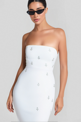 LINDA STRAPLESS CRYSTAL EMBELLISHED WHITE BANDAGE DRESS