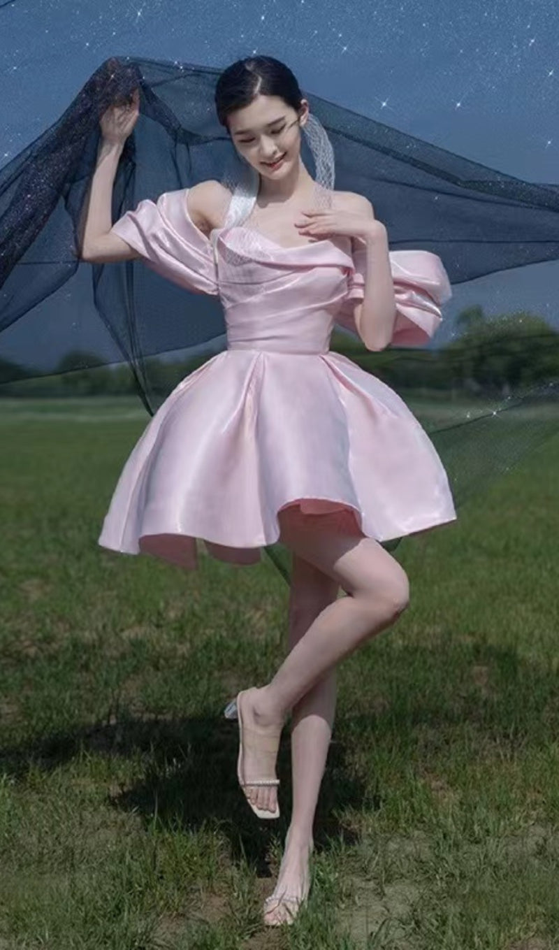 OFF SHOULDER SATIN MINI DRESS IN PINK