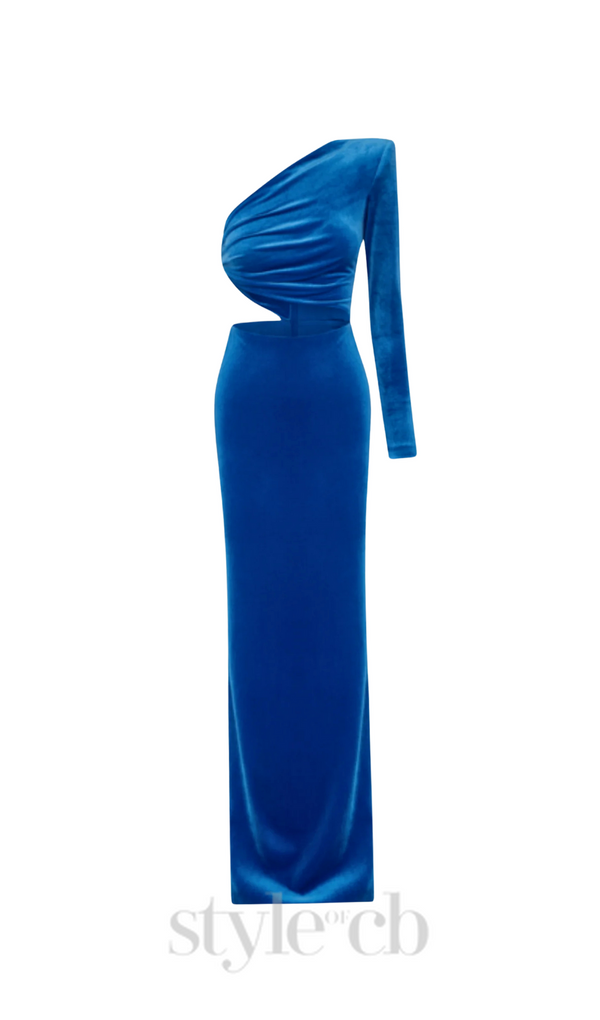Gianni One Shoulder Velvet Cutout Maxi Dress