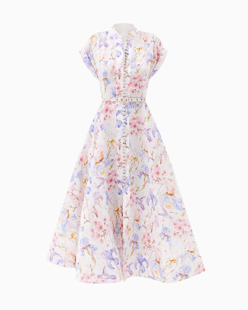multicolor floral print a-line midi dress