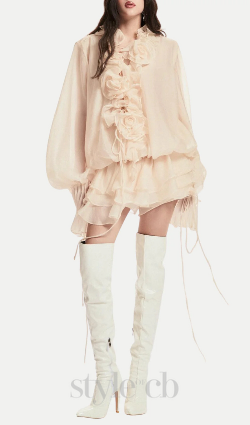 Jaketta Flower Ruffle Mini Dress In Beige