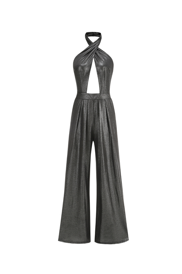 mirabelle halter jumpsuit in black silver
