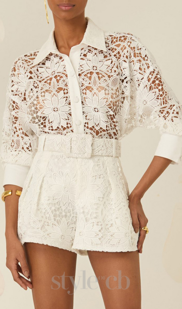 hollow cut lace shirt shorts two pieces set in white