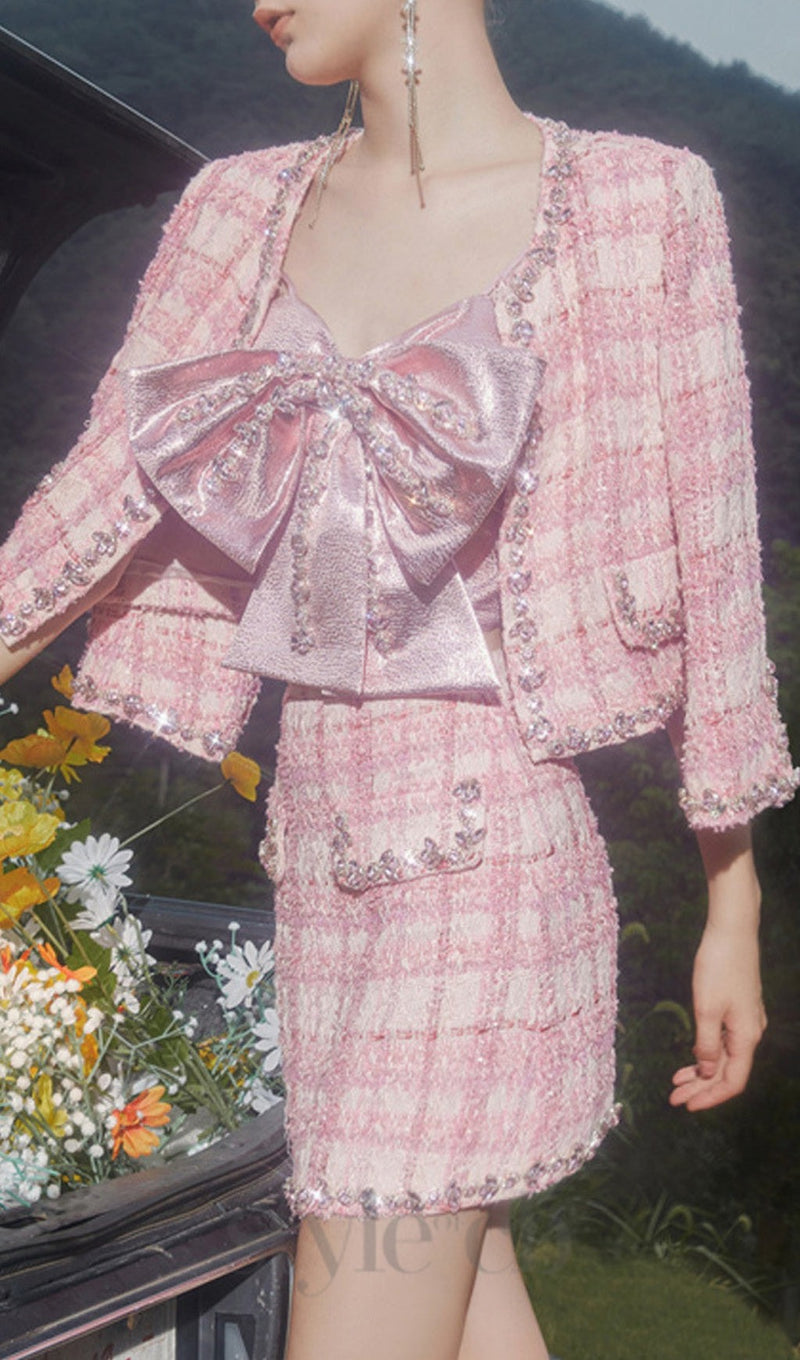 bow rhinestone two-piece set in pink