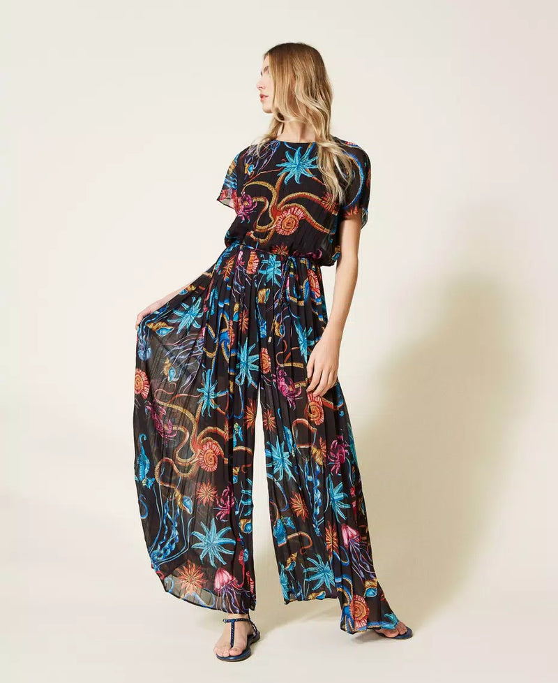 Printed jumpsuit in pleated georgette