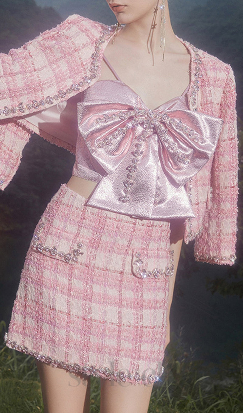 bow rhinestone two-piece set in pink