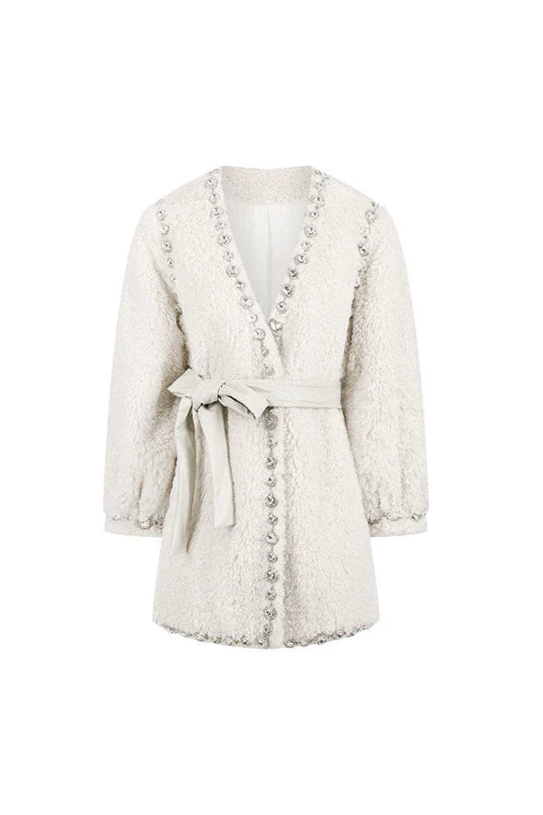 Beige V-Neck Long Sleeve Diamond Stud Coat