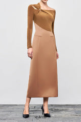 Eleanor Sheath Asymmetric Neck Taffeta Midi Dress in brown