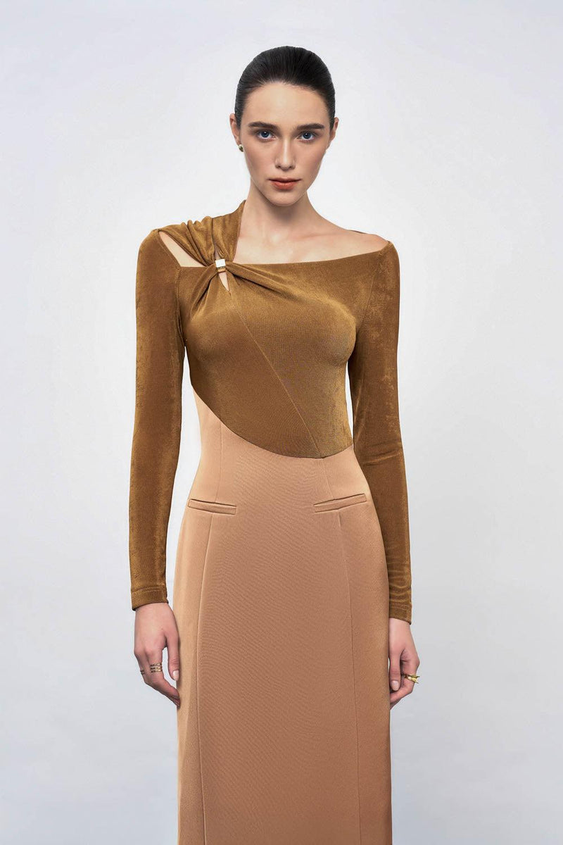 Eleanor Sheath Asymmetric Neck Taffeta Midi Dress in brown