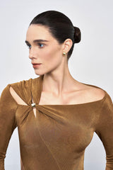 Eleanor Sheath Asymmetric Neck Taffeta Midi Dress in brown