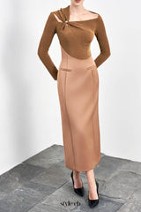 Eleanor Sheath Asymmetric Neck Taffeta Midi Dress in brown