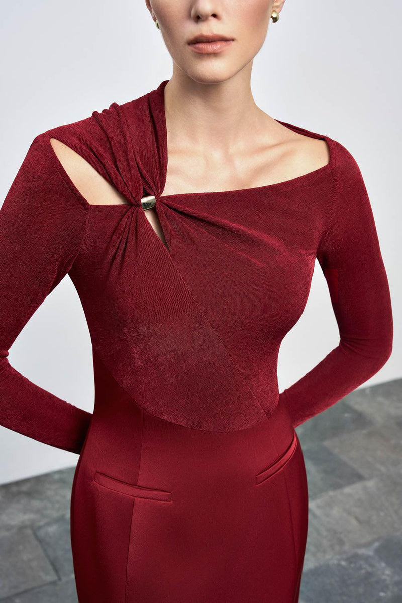 Eleanor Sheath Asymmetric Neck Taffeta Midi Dress in red