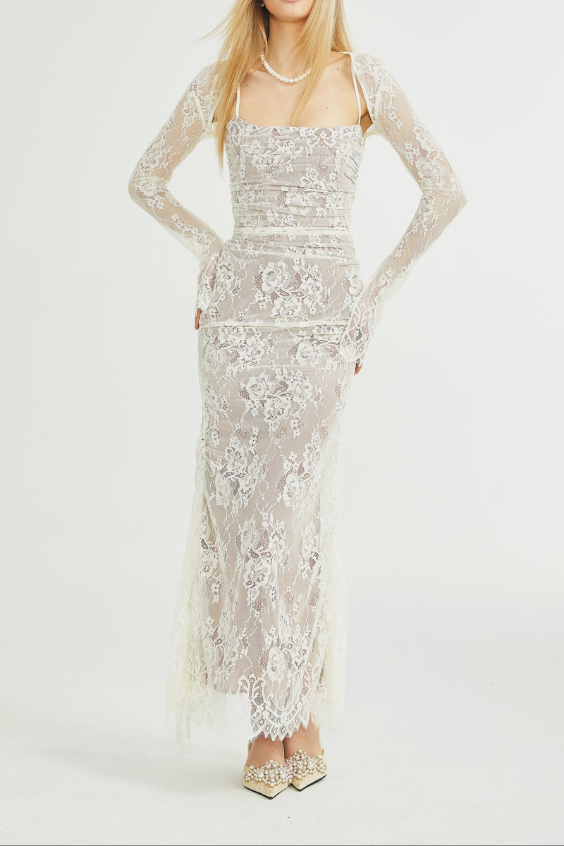 Valérie white floral lace mesh maxi dress