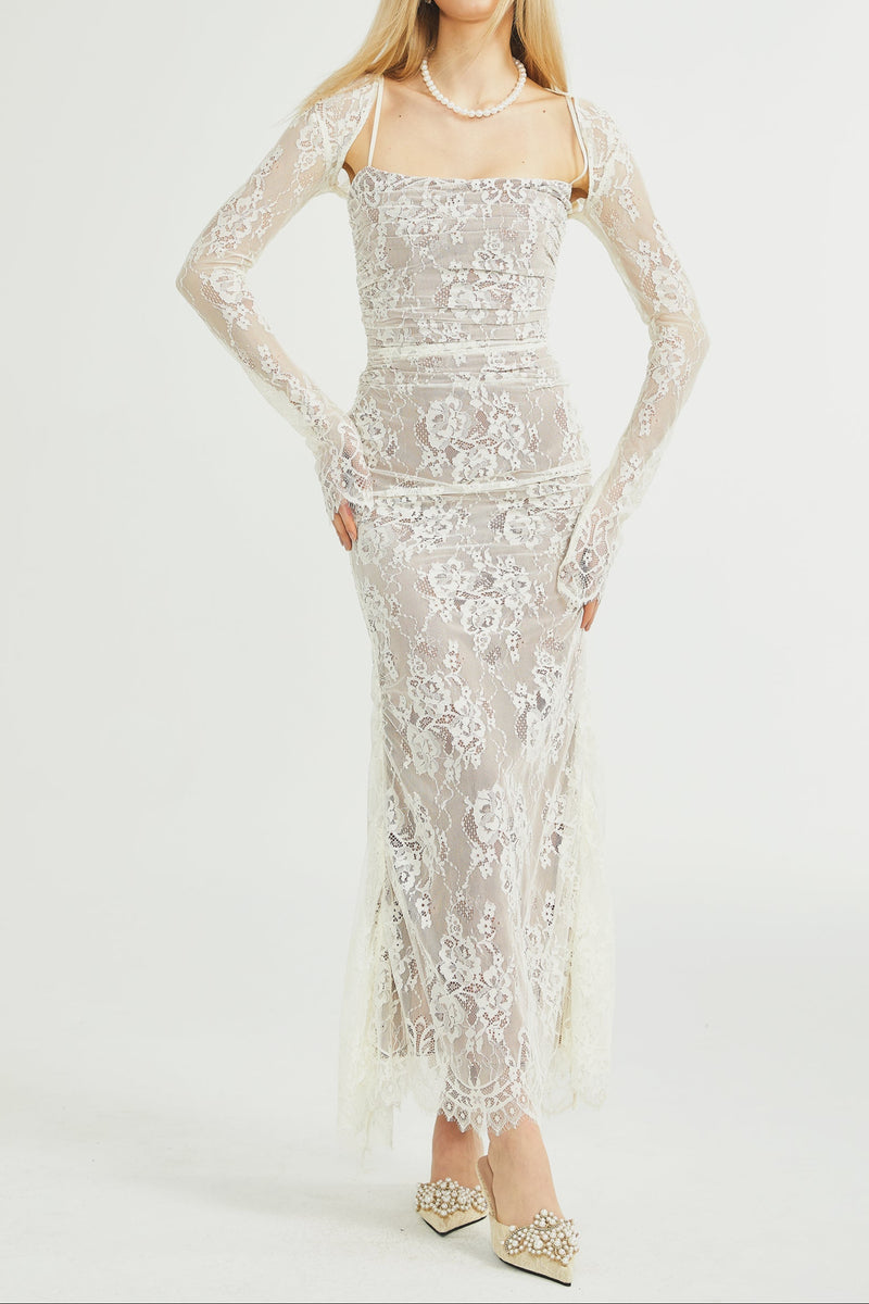 Valérie white floral lace mesh maxi dress