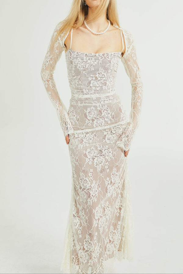 Valérie white floral lace mesh maxi dress