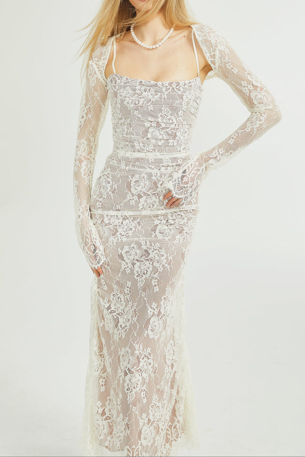 Valérie white floral lace mesh maxi dress