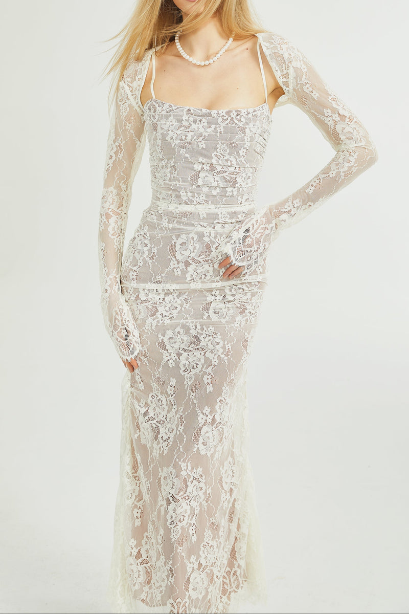 Valérie white floral lace mesh maxi dress