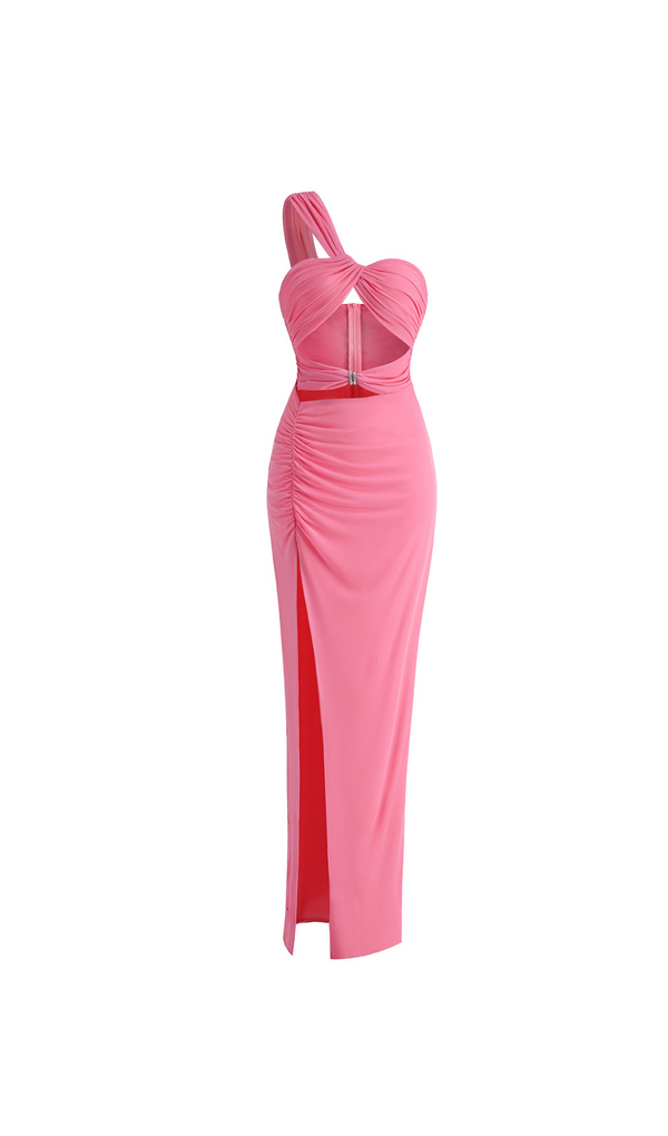PINK CUT OUT SPLIT RUCHED MAXI DRESS