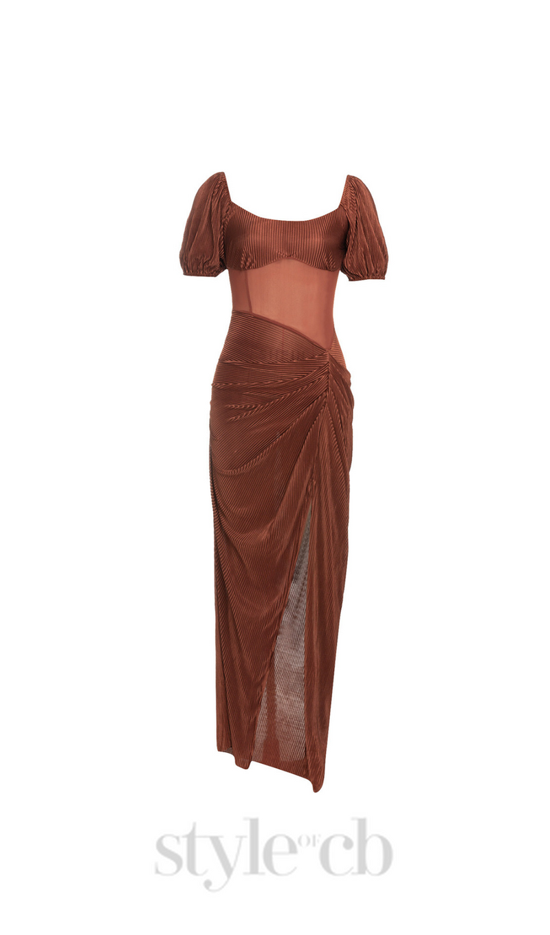 PUFF SLEEVE TWIST FRONT SPLIT THIGH DRESS