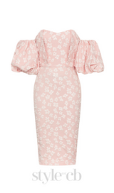 PUFF SLEEVE BARDOT FLORAL DRESS PINK