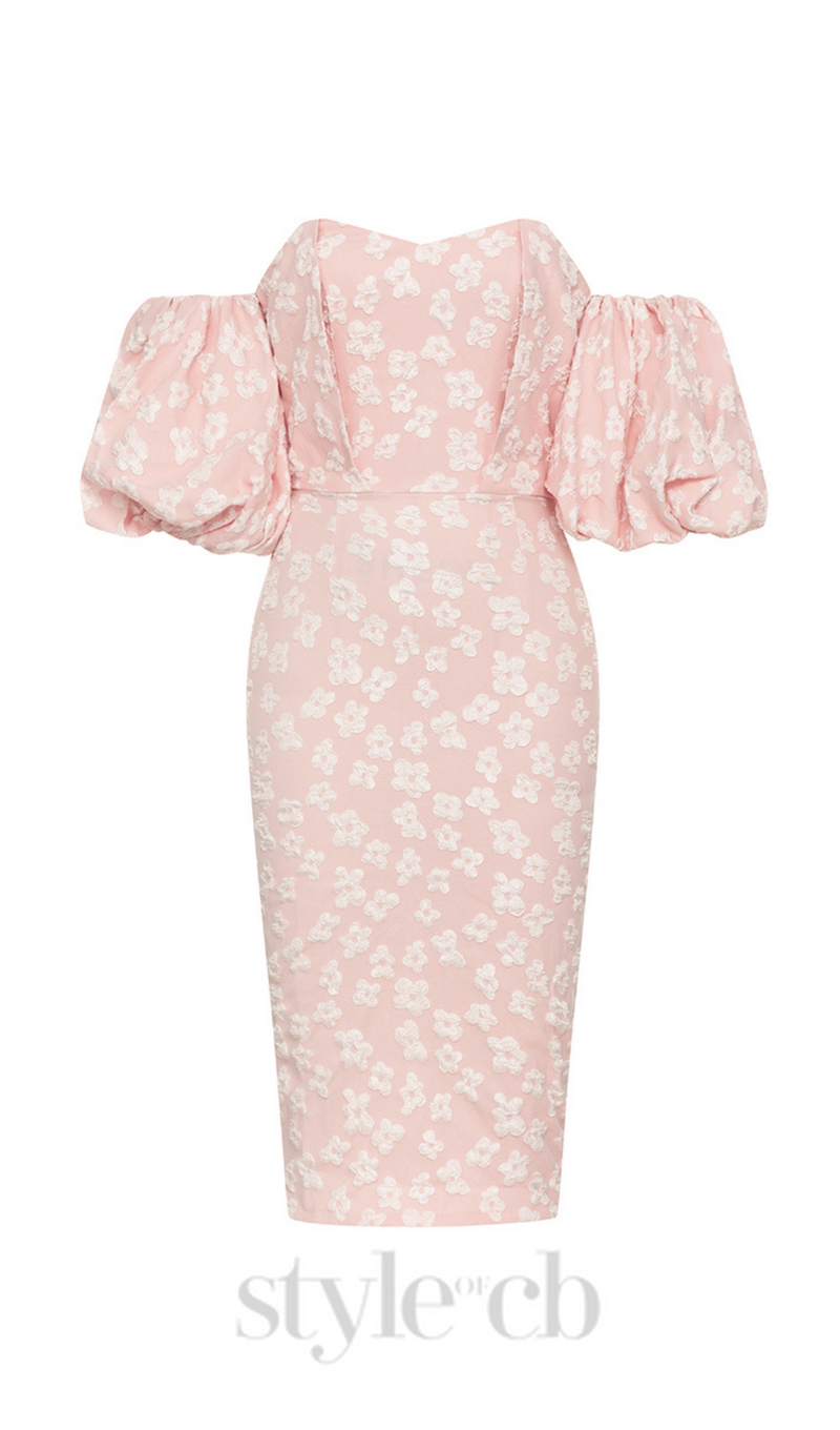 PUFF SLEEVE BARDOT FLORAL DRESS PINK