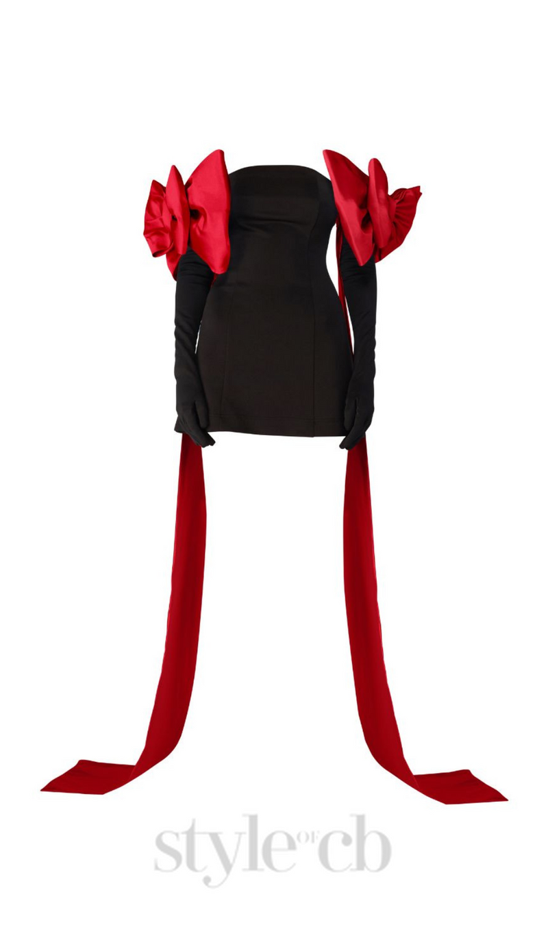BLACK CUPID DRESS WITH RED TRAIN BOW GLOVES