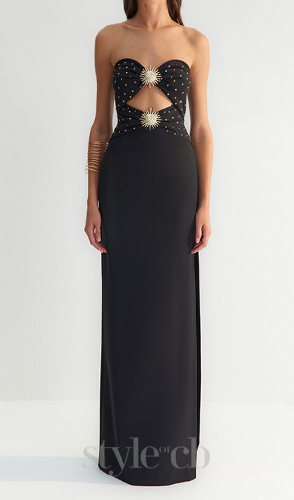 OFF-SHOULDER CRYSTAL CUTOUT BANDAGE DRESS IN BLACK