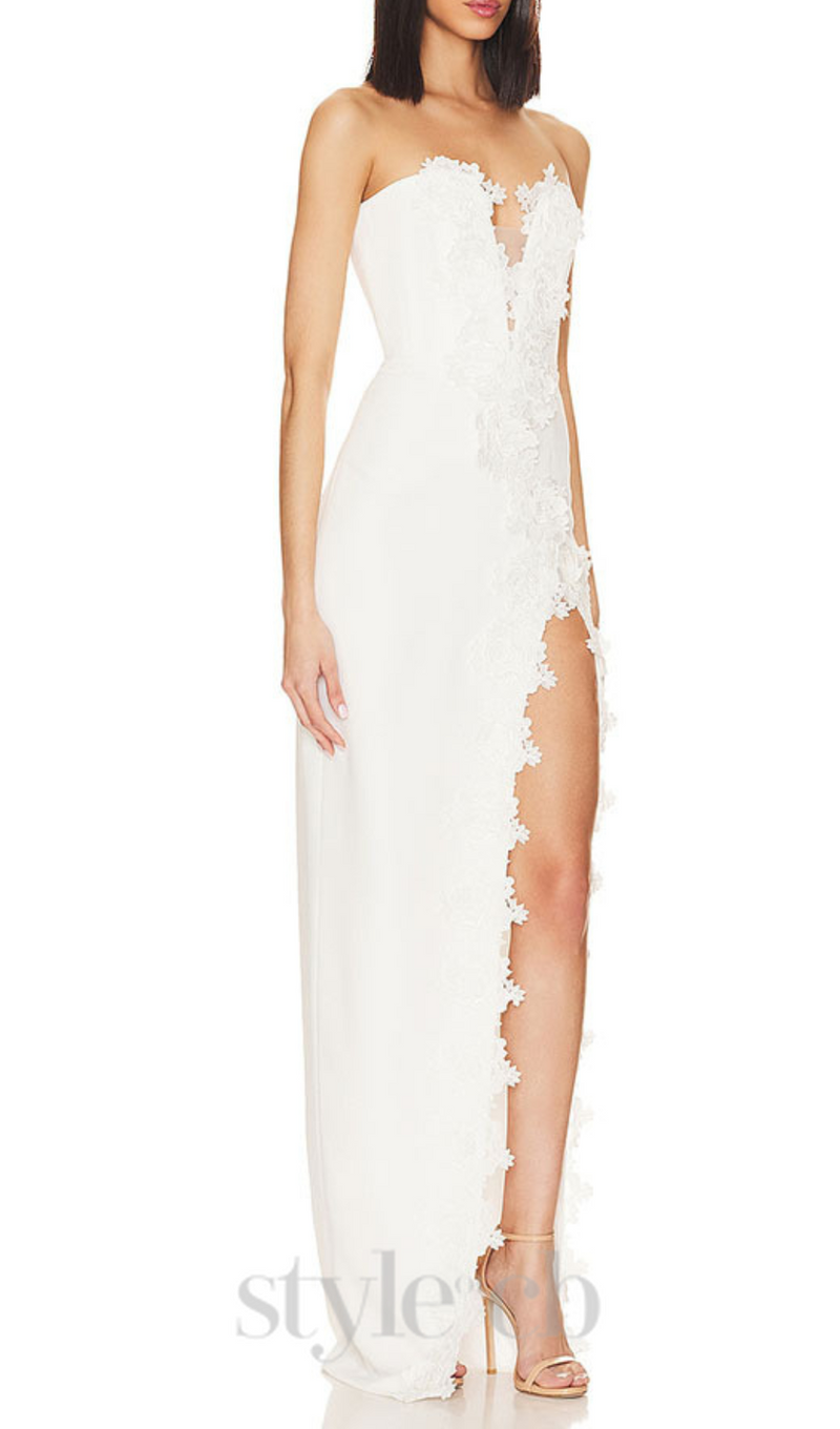 HIGH SPLIT STRAPLESS GOWN IN WHITE