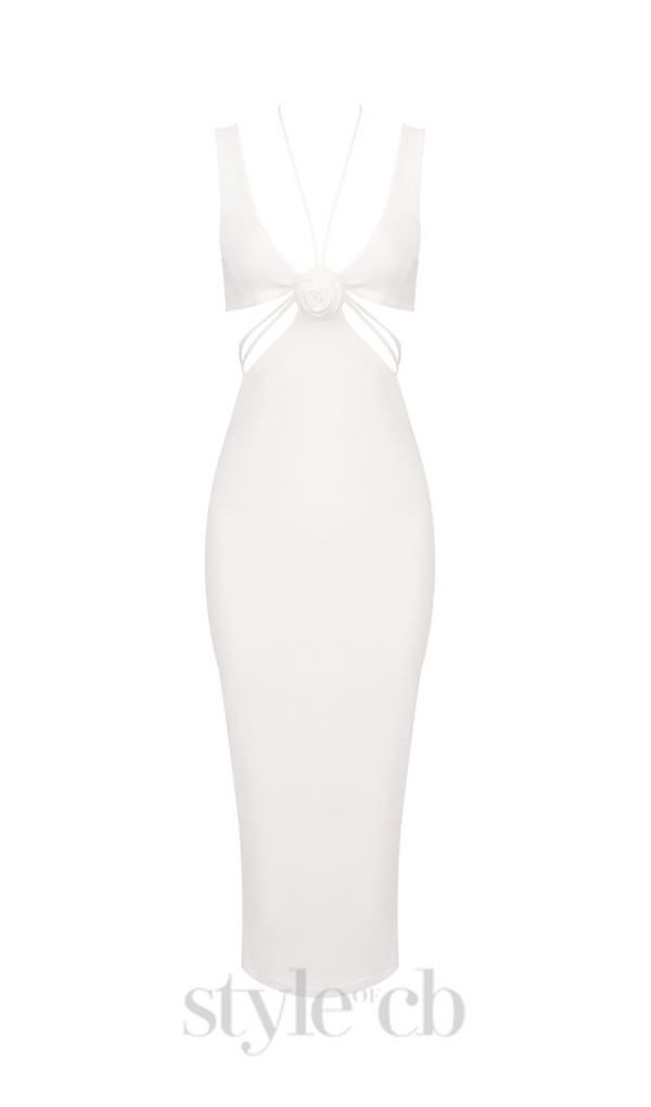 FLOWER CUT OUT BODYCON MIDI DRESS IN WHITE