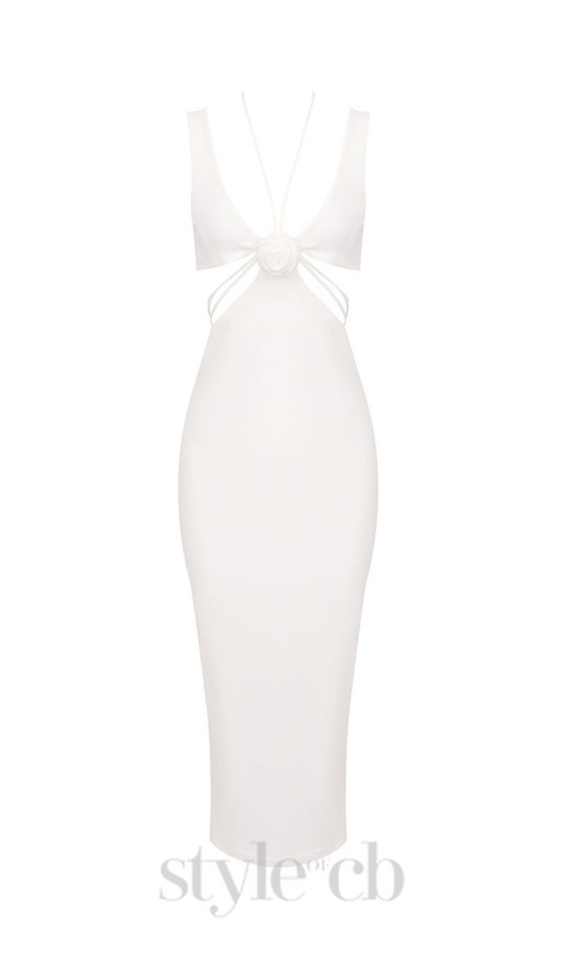 FLOWER CUT OUT BODYCON MIDI DRESS IN WHITE