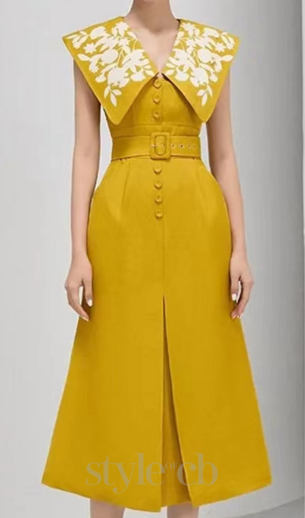 V NECK SLEEVELESS FLOWER HOOK SLIT DRESS