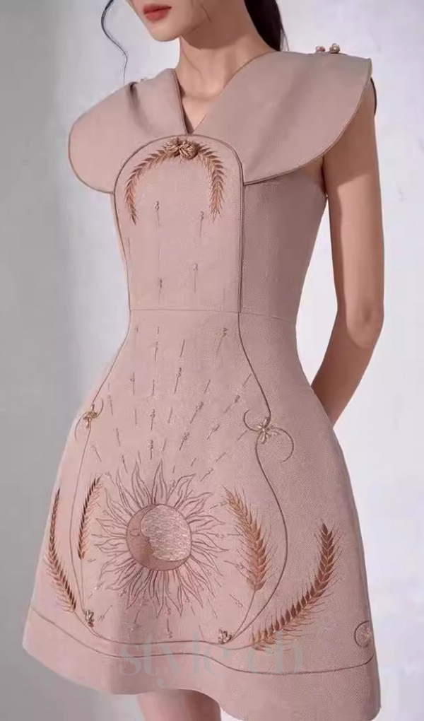 V-NECK HOLLOW OUT WHITE FLORAL EMBROIDERY DRESS