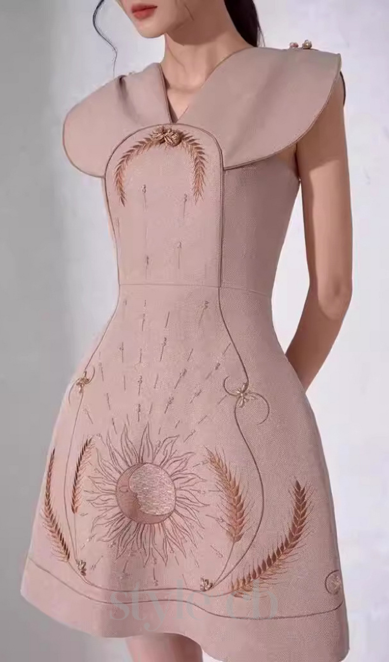 V-NECK HOLLOW OUT WHITE FLORAL EMBROIDERY DRESS