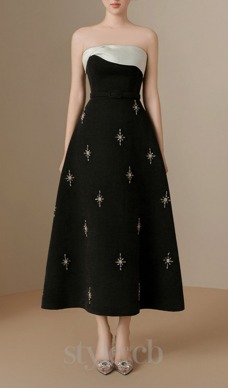 ELENOR A-LINE STONE TWEED MIDI DRESS