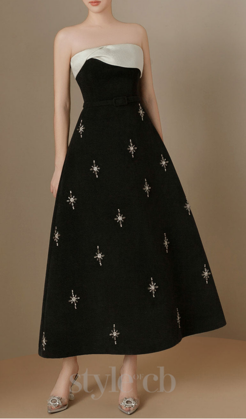 ELENOR A-LINE STONE TWEED MIDI DRESS