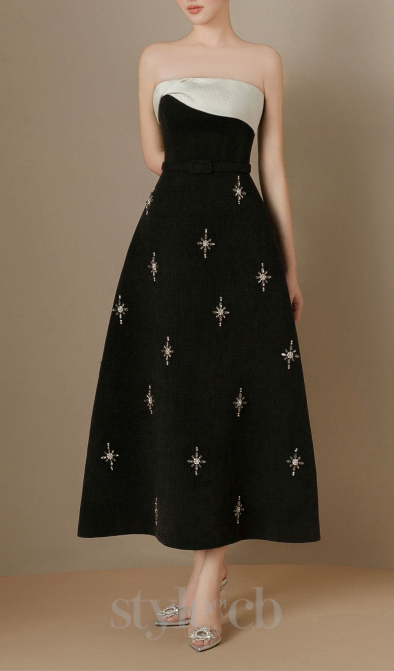 ELENOR A-LINE STONE TWEED MIDI DRESS