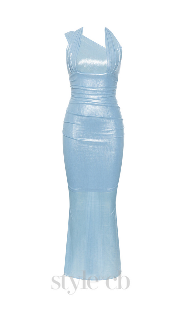 BACKLESS MERMAID HEM METALLIC HALTER DRESS